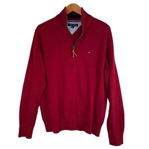 Tommy Hilfiger Mens Size L Wine Sweater Pullover Top 1/4 Zip Leather Tab Cotton